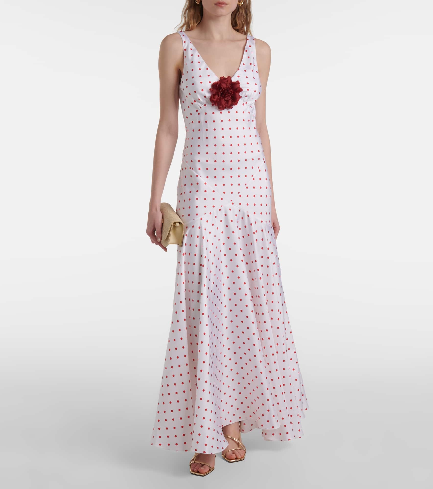 Polka-dot floral-appliqué silk twill gown - 2
