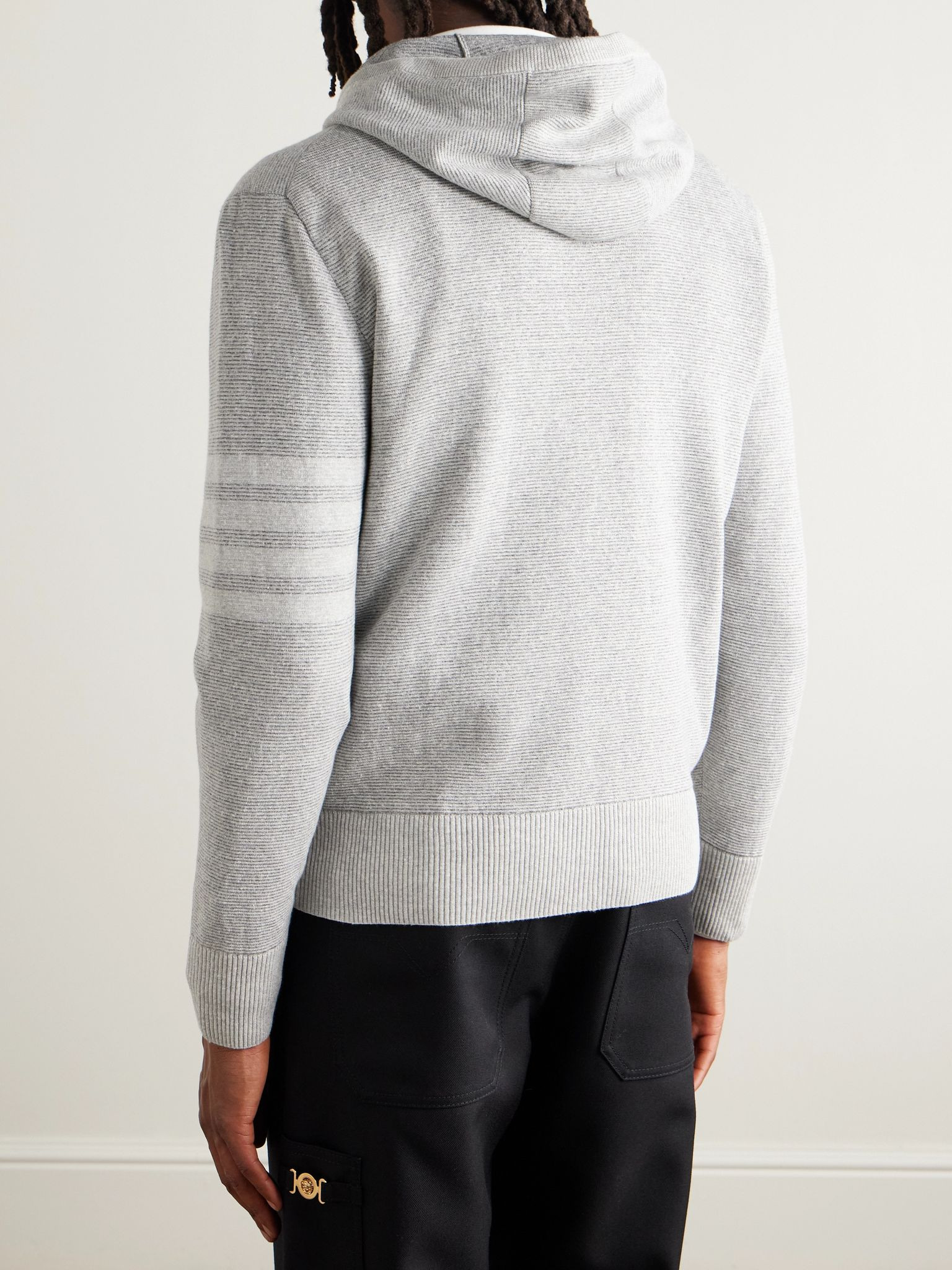 Striped Textured Linen and Cotton-Blend Zip-Up Hoodie Gray - 3