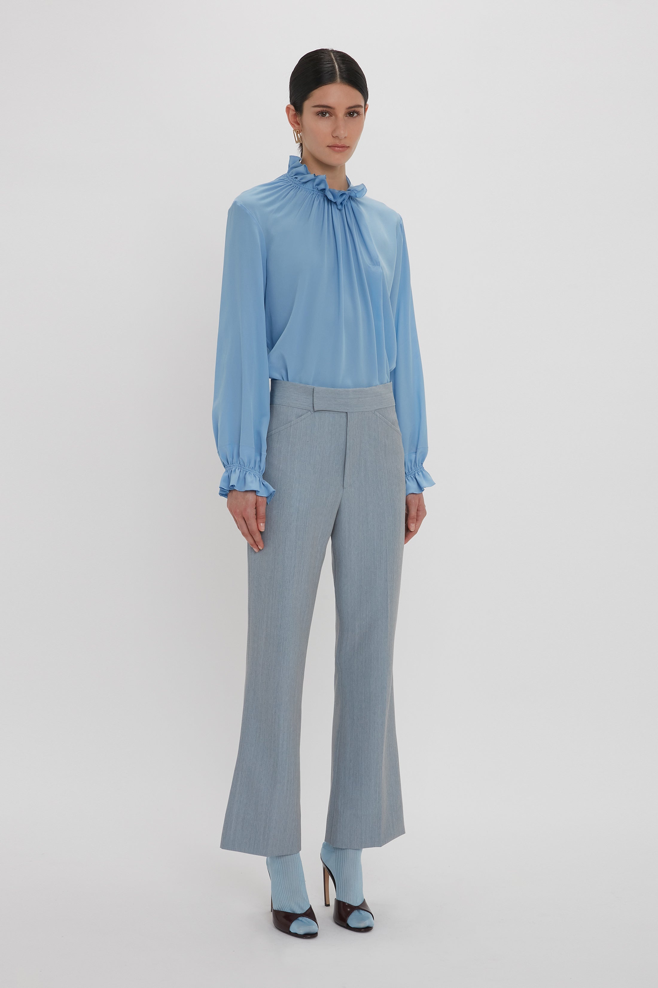 Exclusive Ruffle Neck Blouse In Cornflower Blue - 3