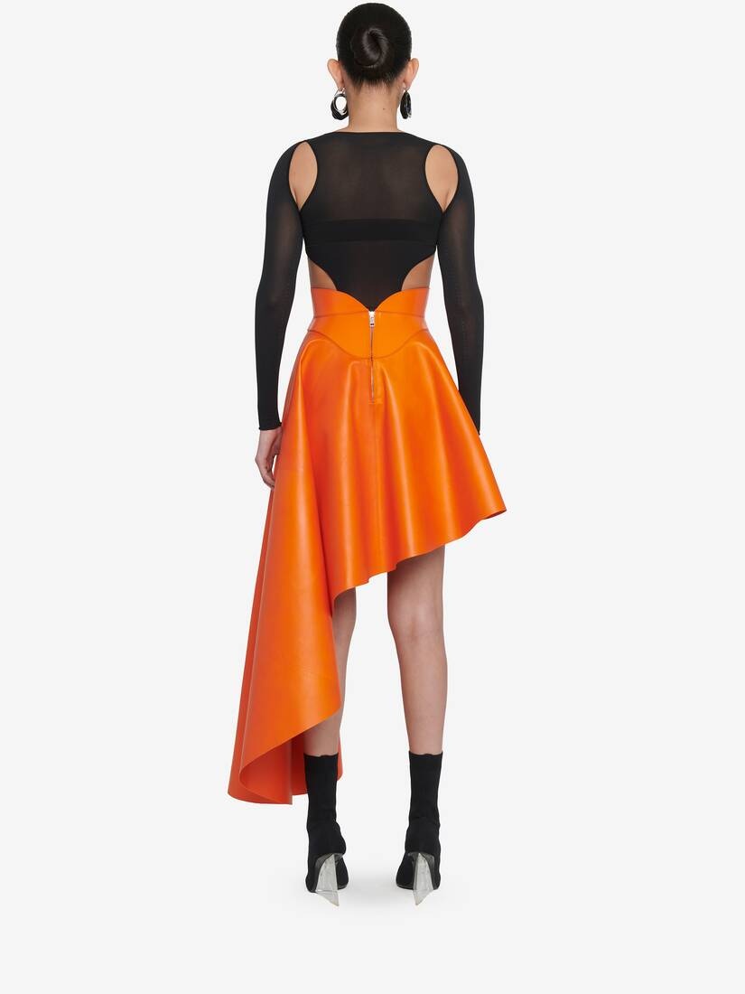 Women's Asymmetric Drape Leather Skirt in Sunset Orange - 4