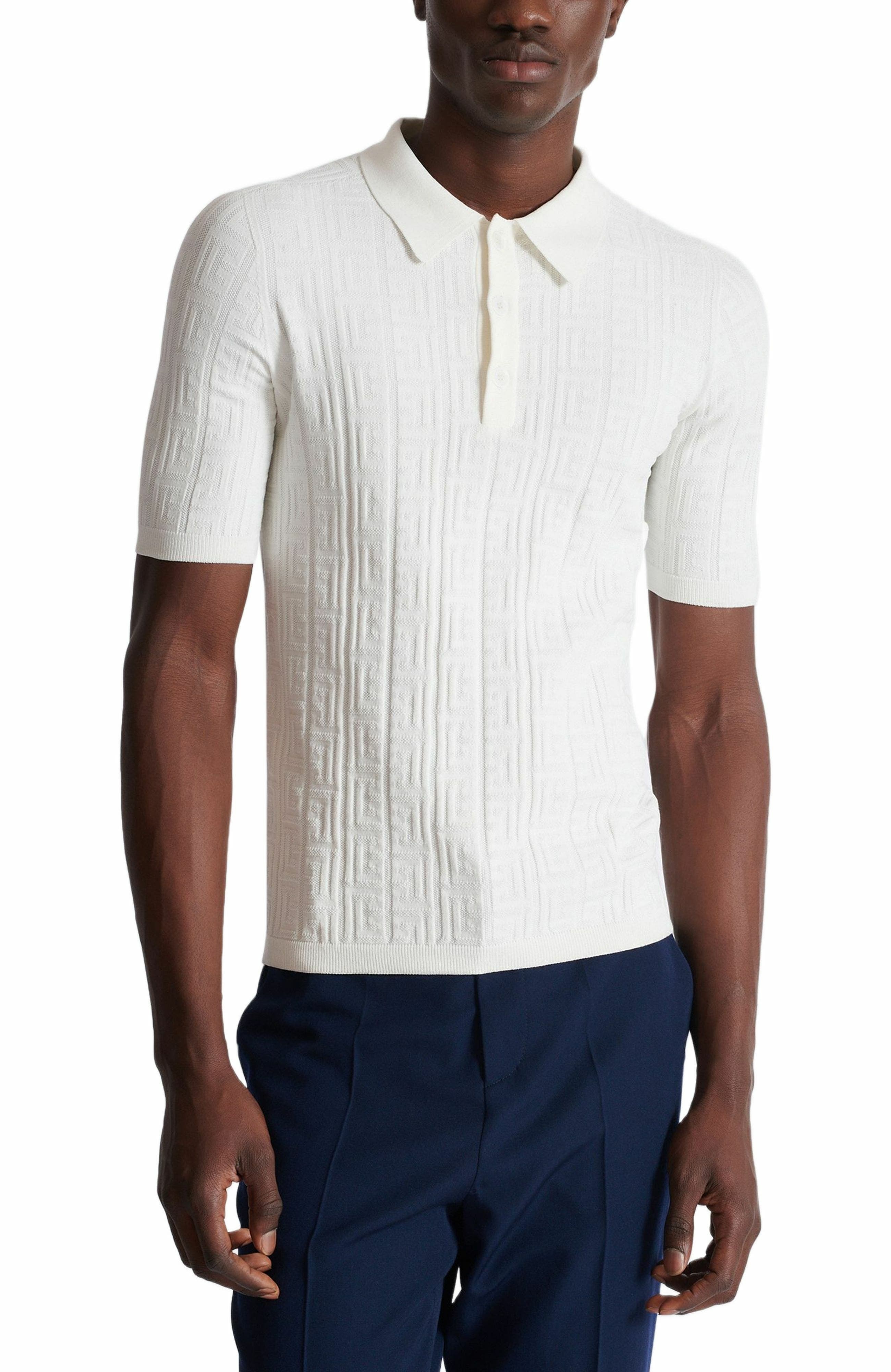 Balmain Monogram knit polo shirt in White at Nordstrom - 4