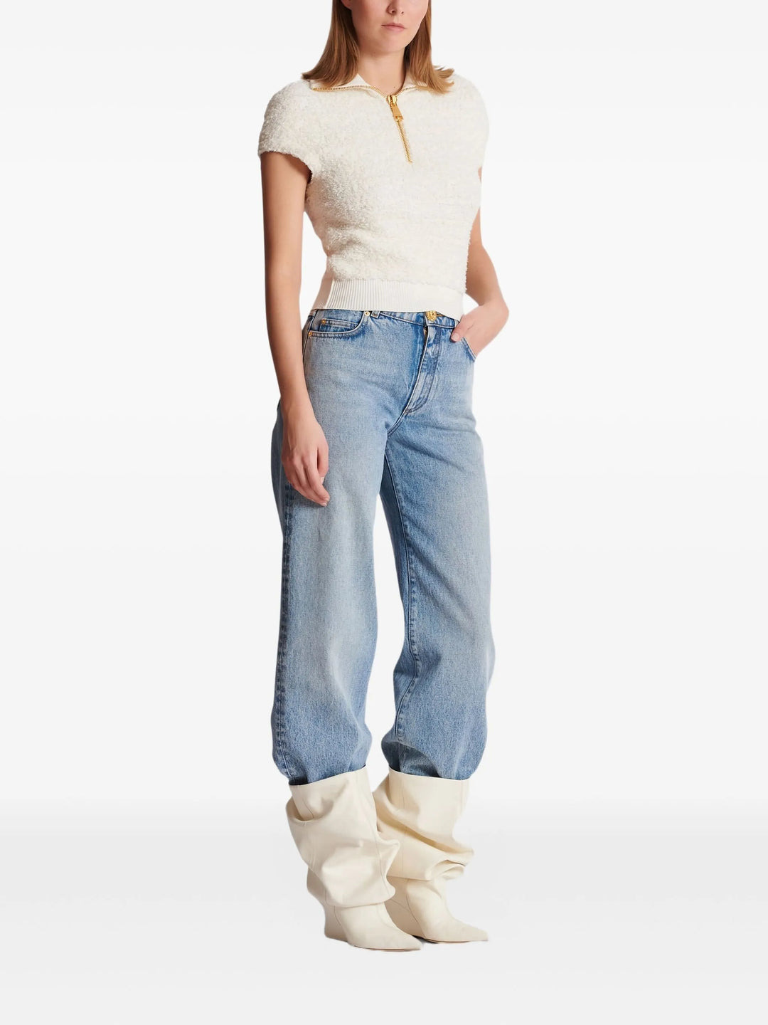 Zipped Short Sleeve Knit Tweed Top - 3