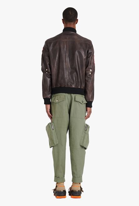 Brown leather teddy jacket with Balmain badges - 3