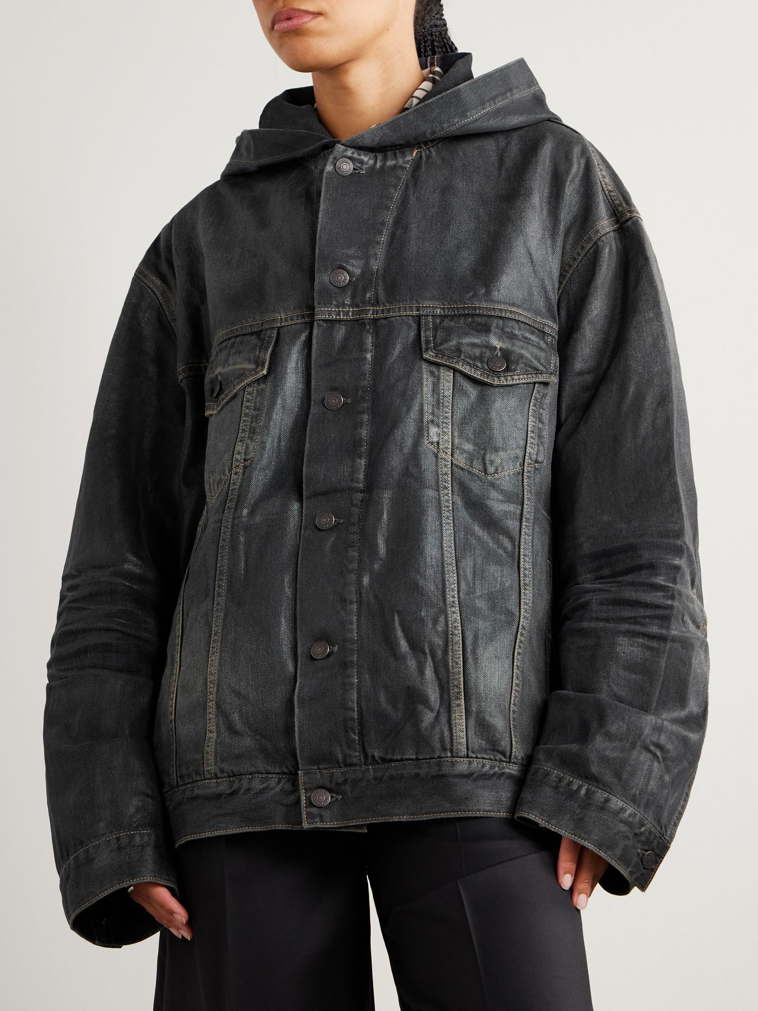 Hooded coated organic denim jacket Black - 3