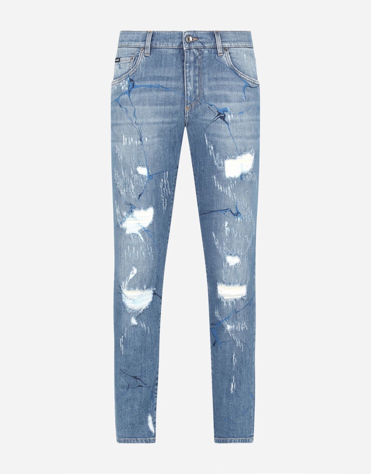 Washed blue skinny stretch jeans with rips and brushstrokes - 3