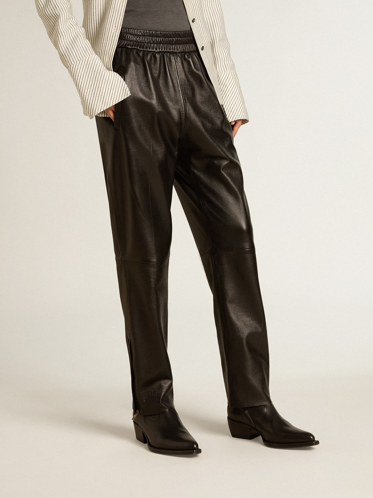 Black joggers in nappa leather with zip at the base - 2