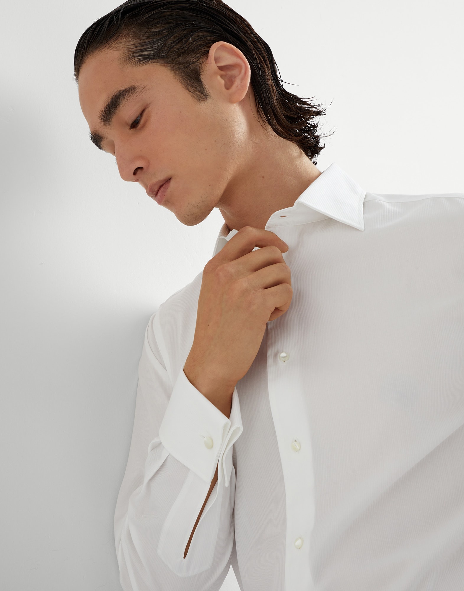 Tone-on-tone pinstripe twill slim fit tuxedo shirt with spread collar - 3