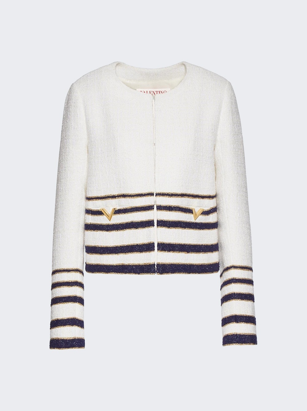 Embellished Striped Bouclé Jacket White and Navy - 1