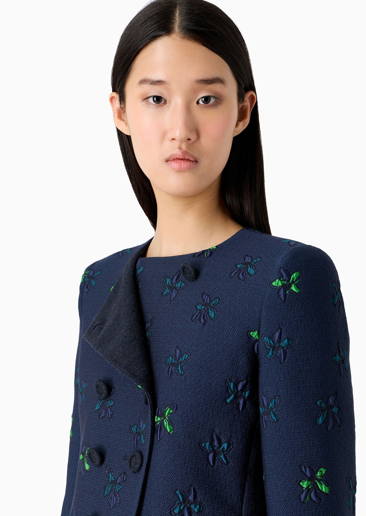 Double-breasted jacket in jacquard fabric with a floral pattern - 5