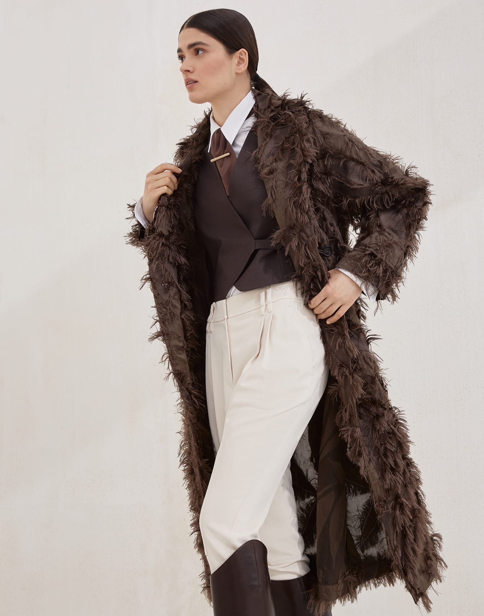 Dracaena fil coupé belted coat in techno cotton and silk with shiny cuff details - 4