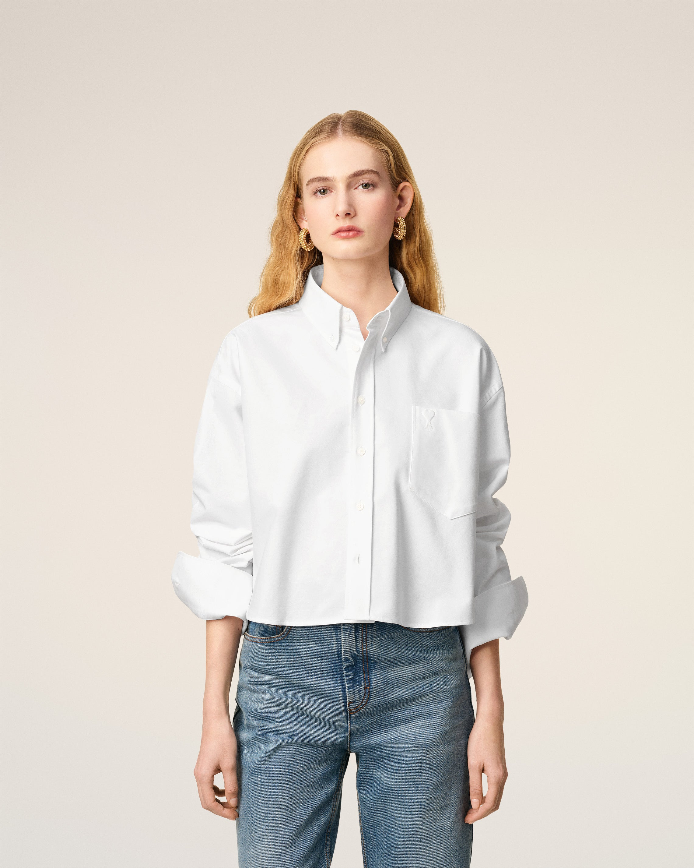 WHITE COTTON AMI DE COEUR CROPPED OVERSIZED SHIRT - 9