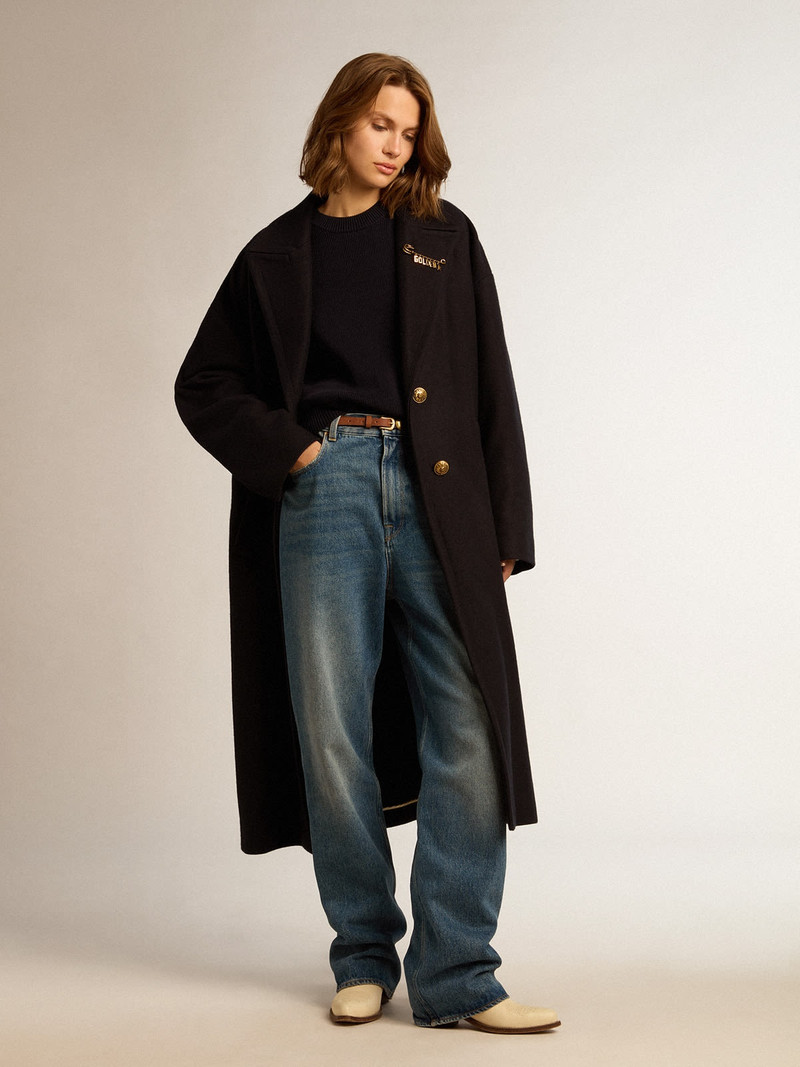 Golden Goose Women’s round-neck sweater in dark blue cotton with logo on the back outlook