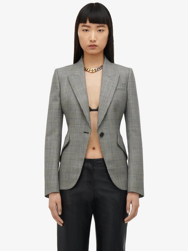 Alexander McQueen Women's Prince Of Wales Peak Shoulder Jacket in Black/ivory outlook