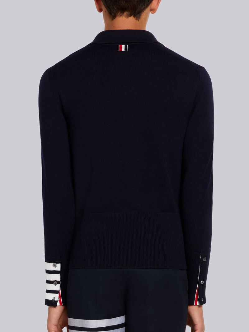 Navy Fine Merino Wool 4-Bar Cuff Long Sleeve Polo 3