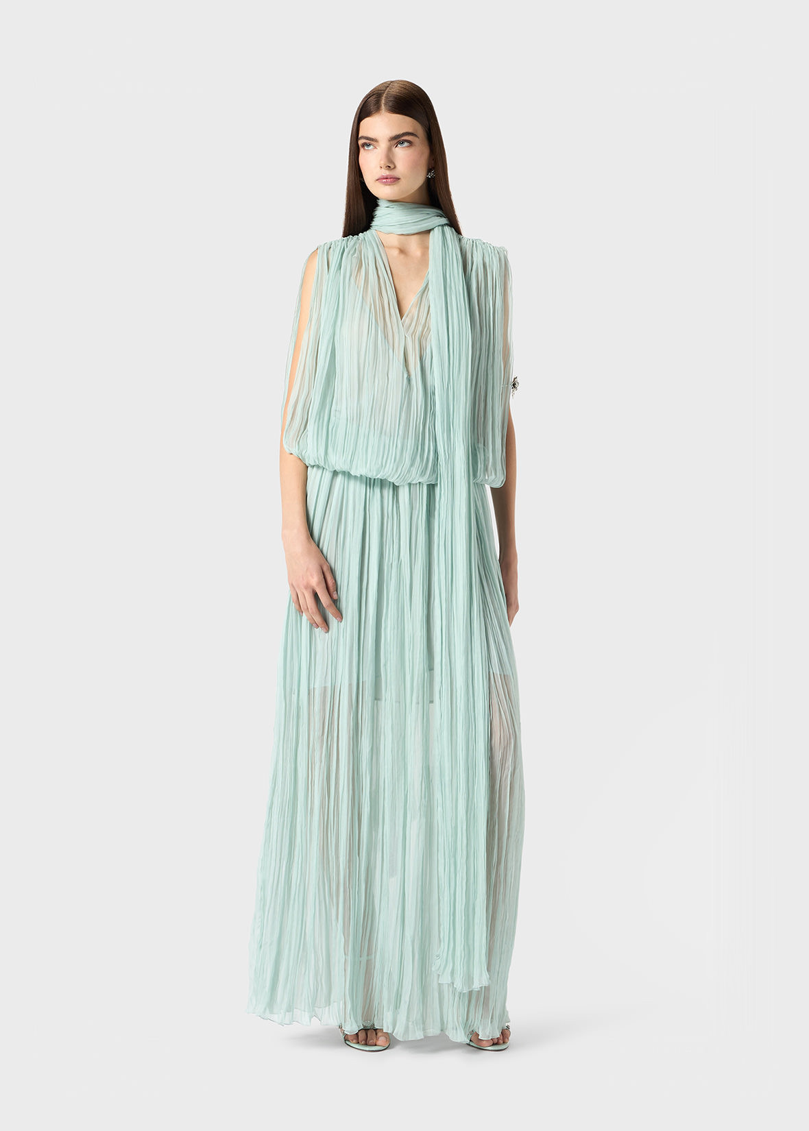 PLEATED DRESS IN SILK CHIFFON WITH SCARF - 2