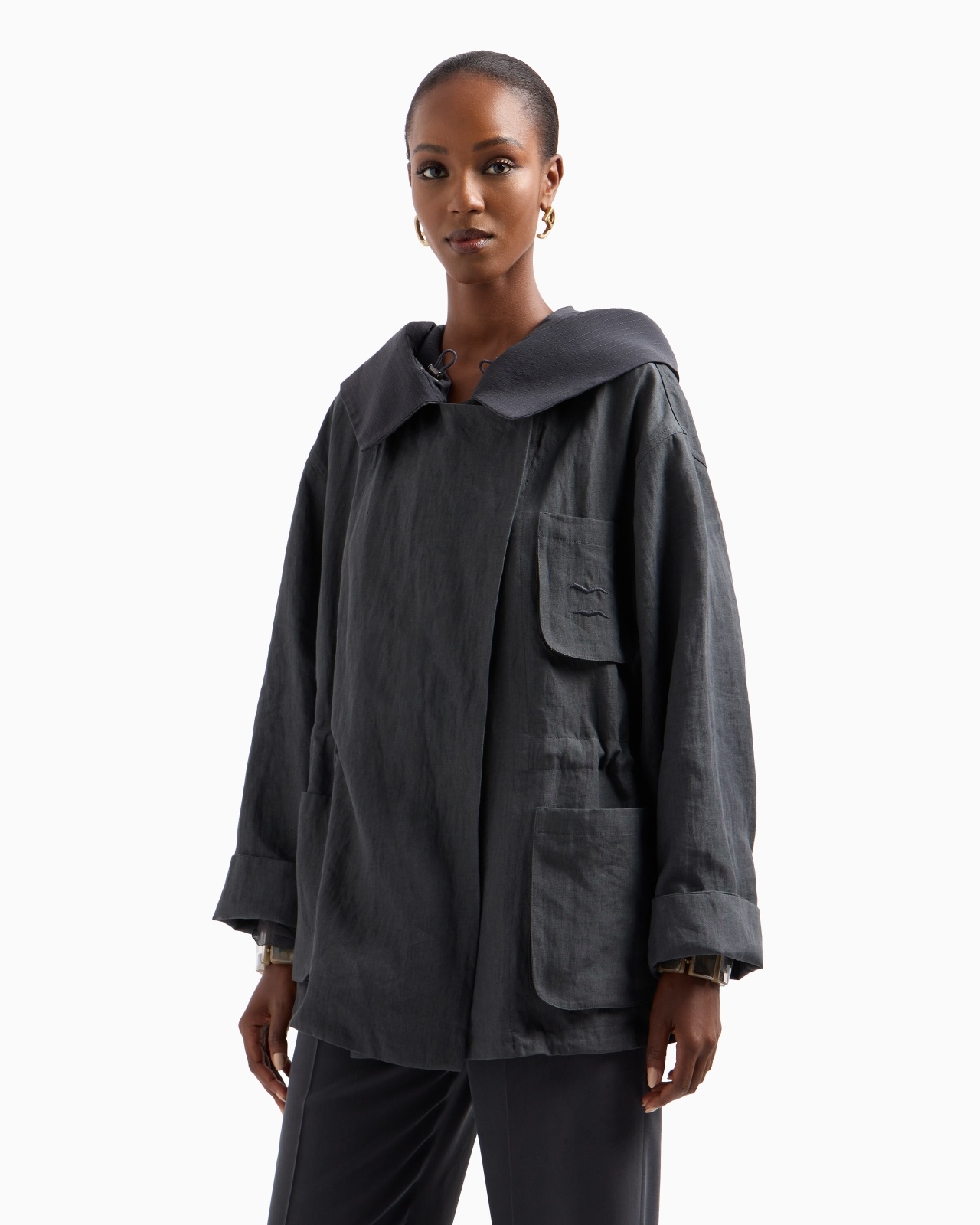 LINEN HOODED PEA COAT - 4