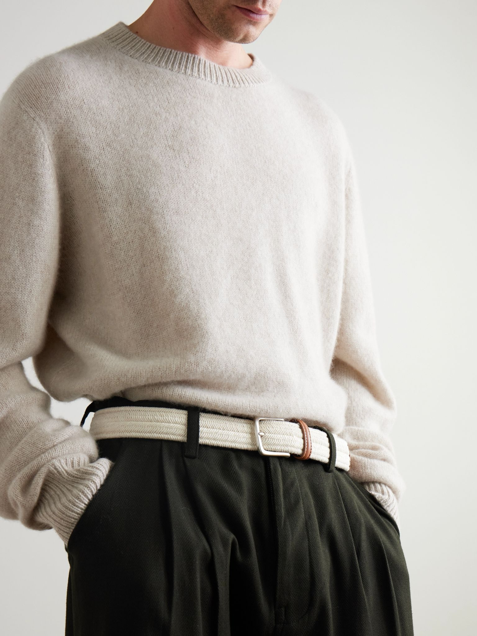 Leather-Trimmed Woven Cord Belt Cream - 3