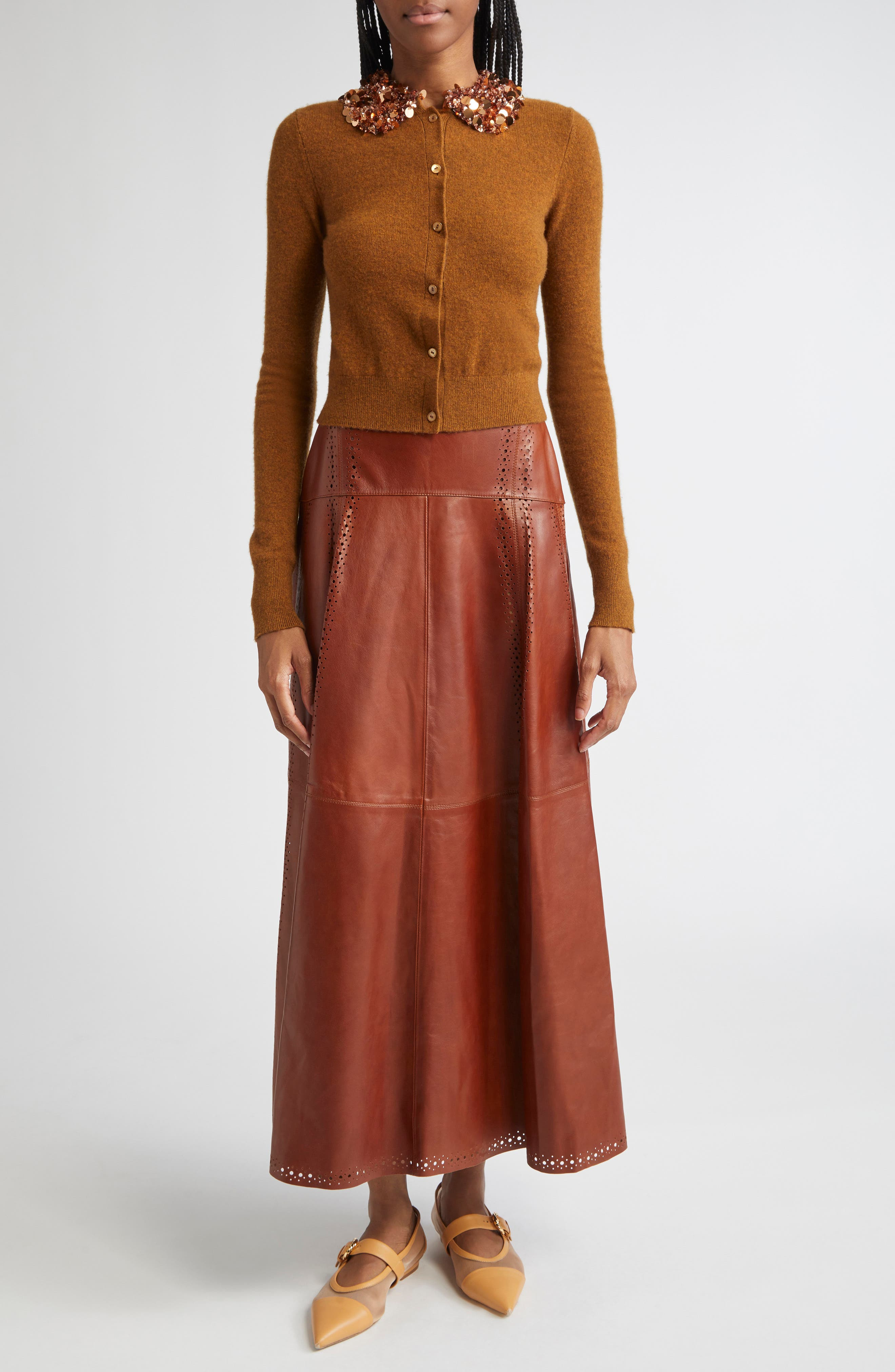 Ulla Johnson Aninda Eyelet Trim Leather A-Line Skirt in Wenge at Nordstrom - 2