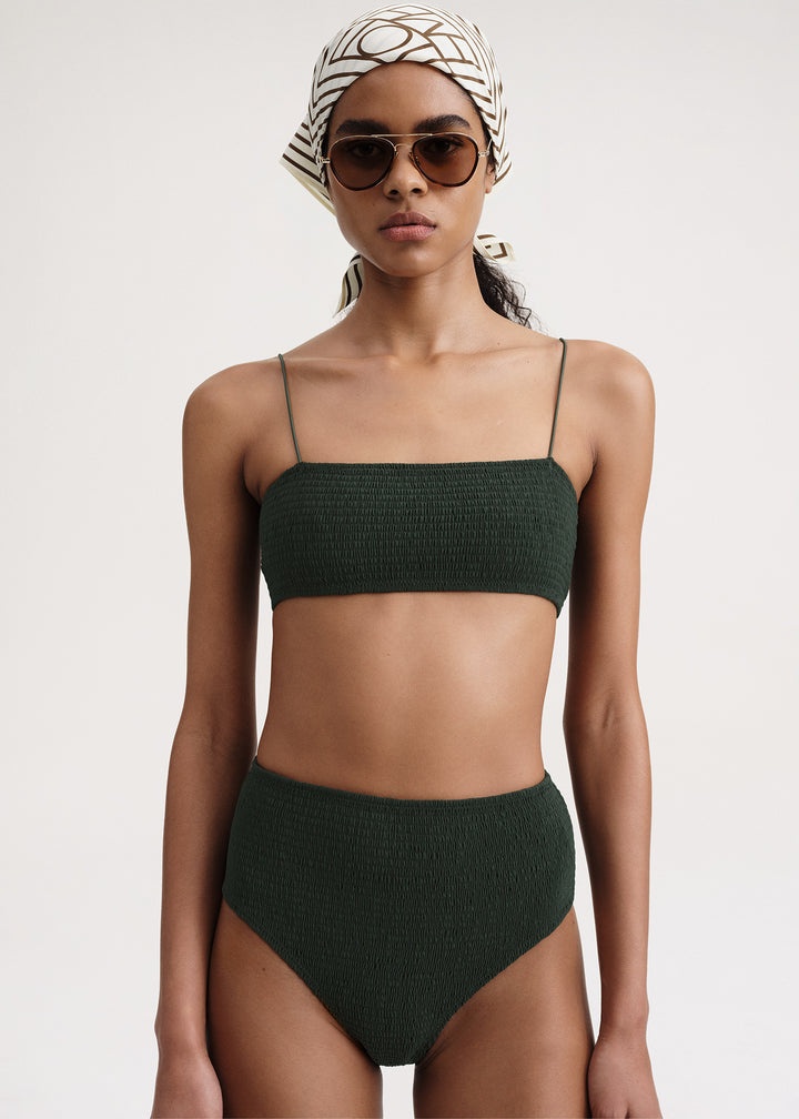 Smocked bikini top dark green - 5