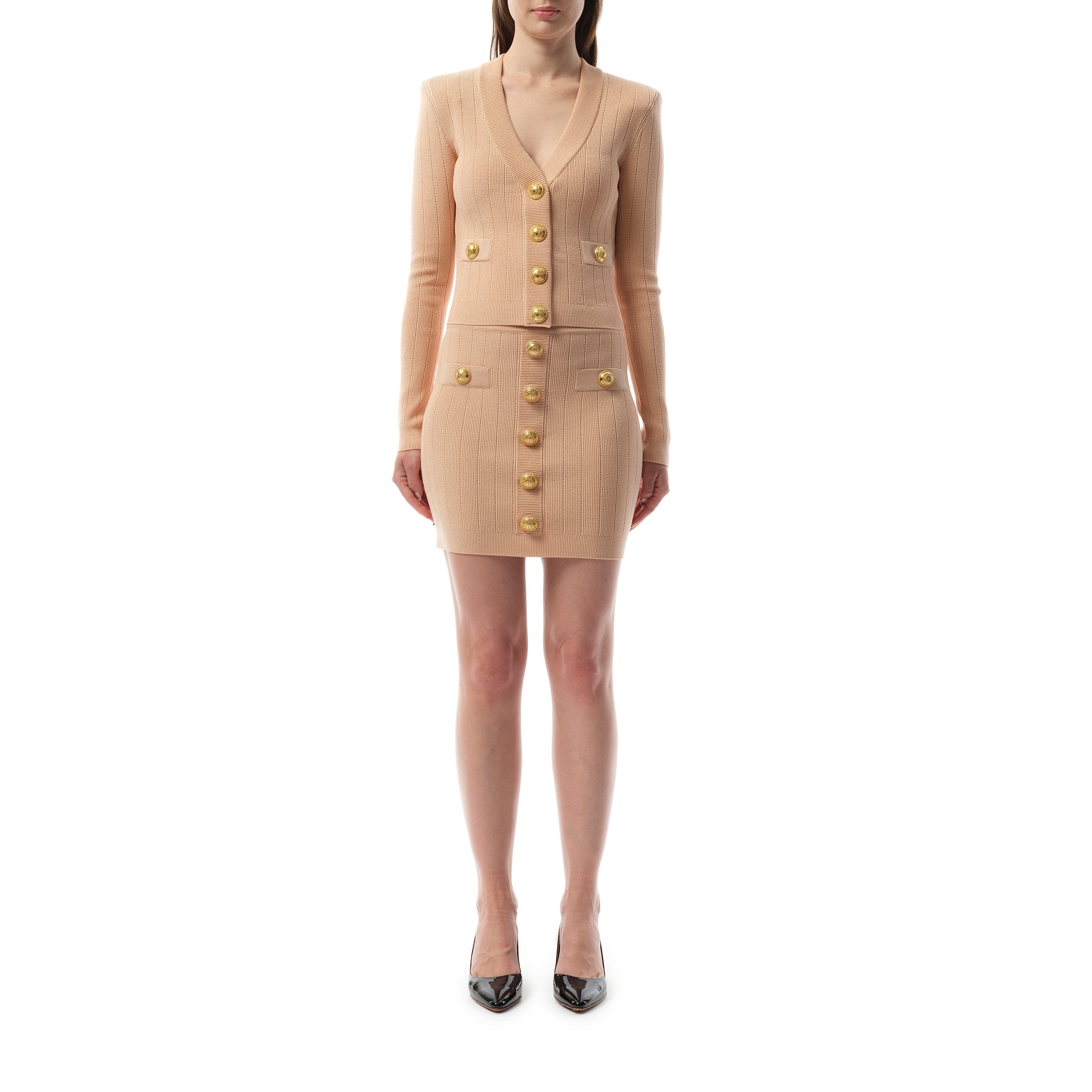 V-Neck 2 Pockets Buttoned Knit Cardigan in Nude Rose - 4