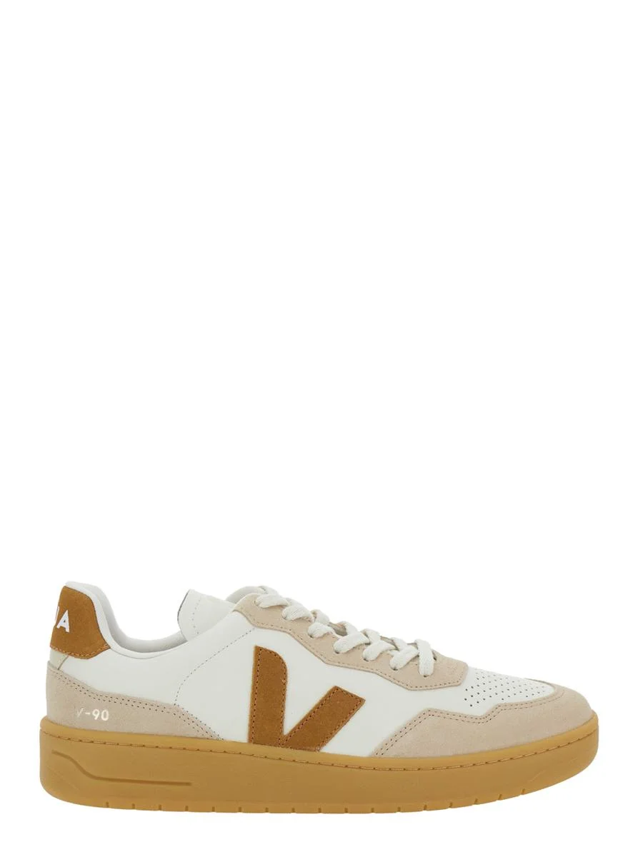Veja 'V90' Beige Sneaker With Side Logo And Perforated Toe In Leather Unisex - 1