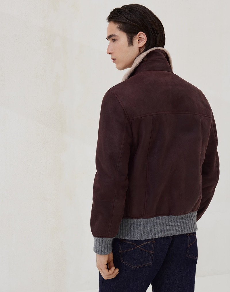 Brunello Cucinelli Nubuck-effect shearling aviator jacket with cashmere knit inserts outlook