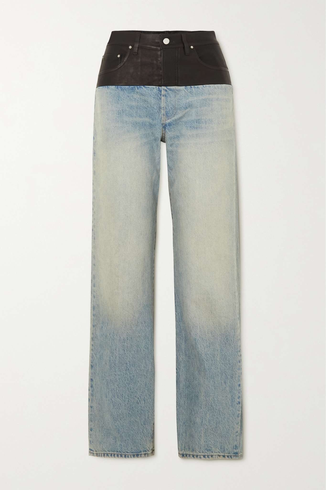 Leather-trimmed mid-rise straight-leg jeans - 1