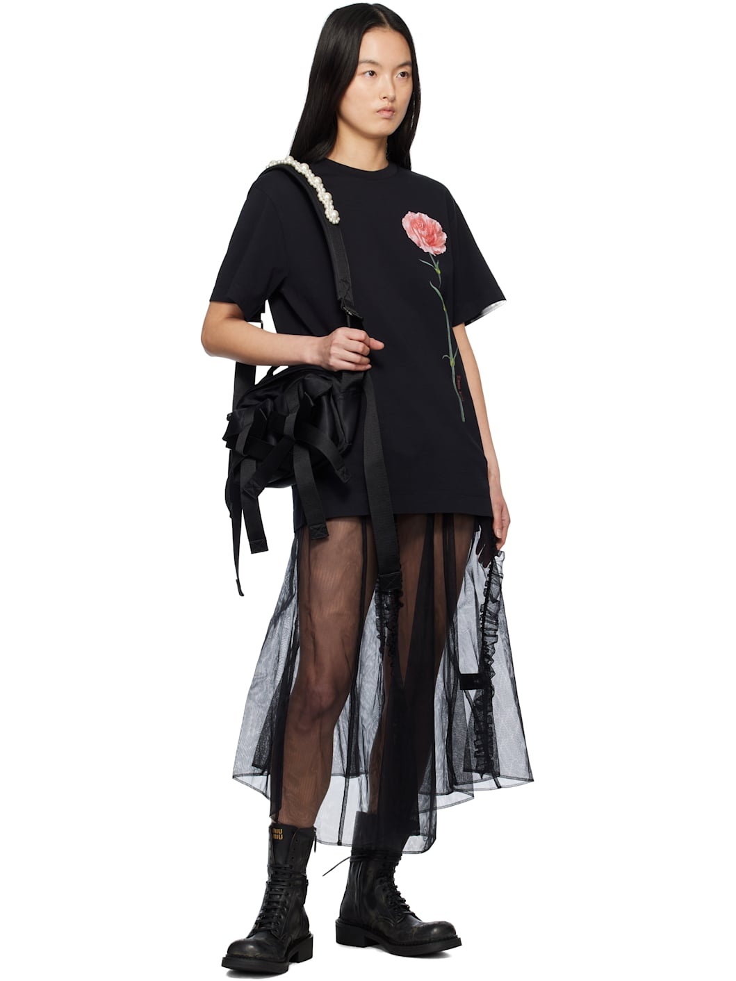 Black Carnation Print Short Sleeve T-shirt - 4