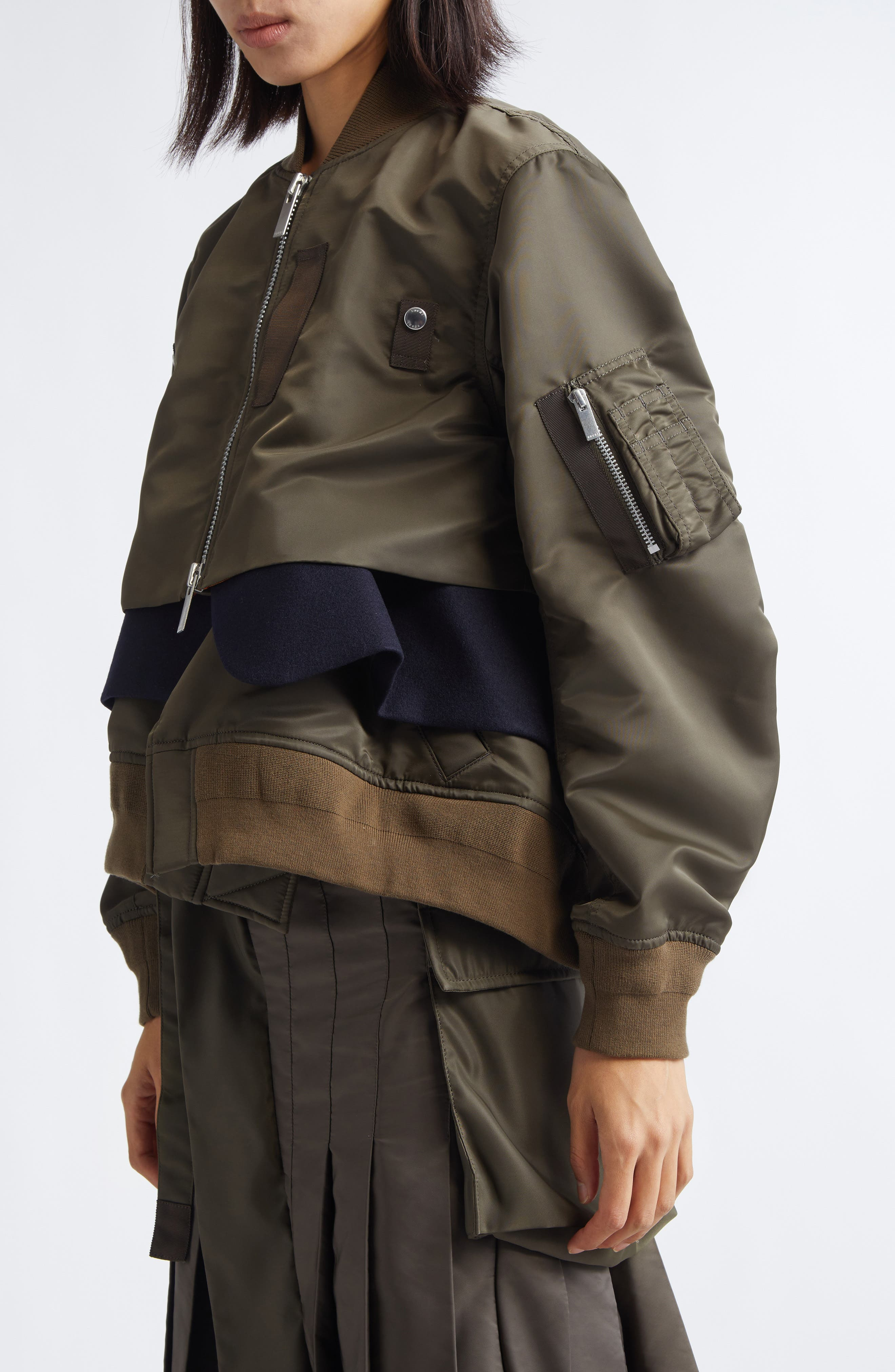 Sacai Nylon Twill & Wool Melton Blouson Jacket in Dark Khaki at Nordstrom - 5