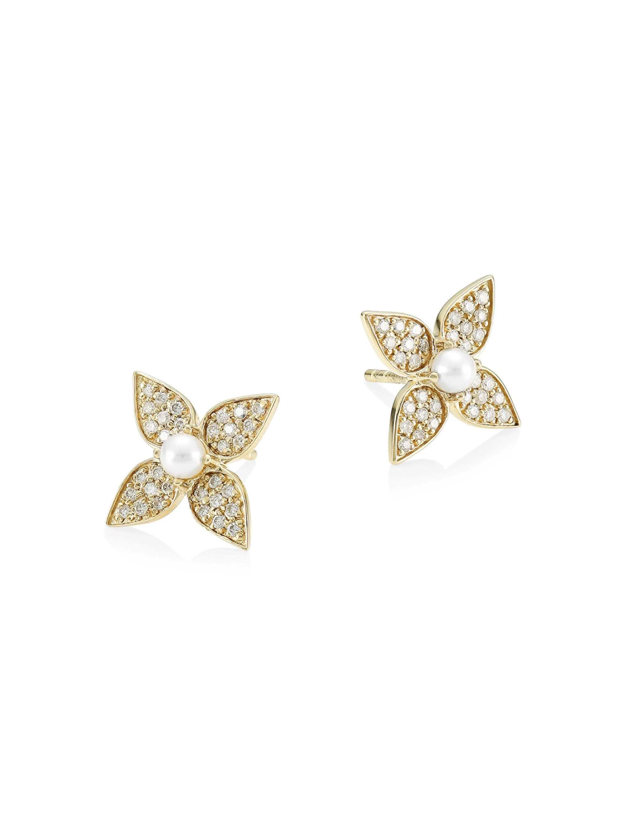 Women's 14K Yellow Gold, 2.5MM White Pearl & Diamond Paisley Flower Stud Earrings - 1