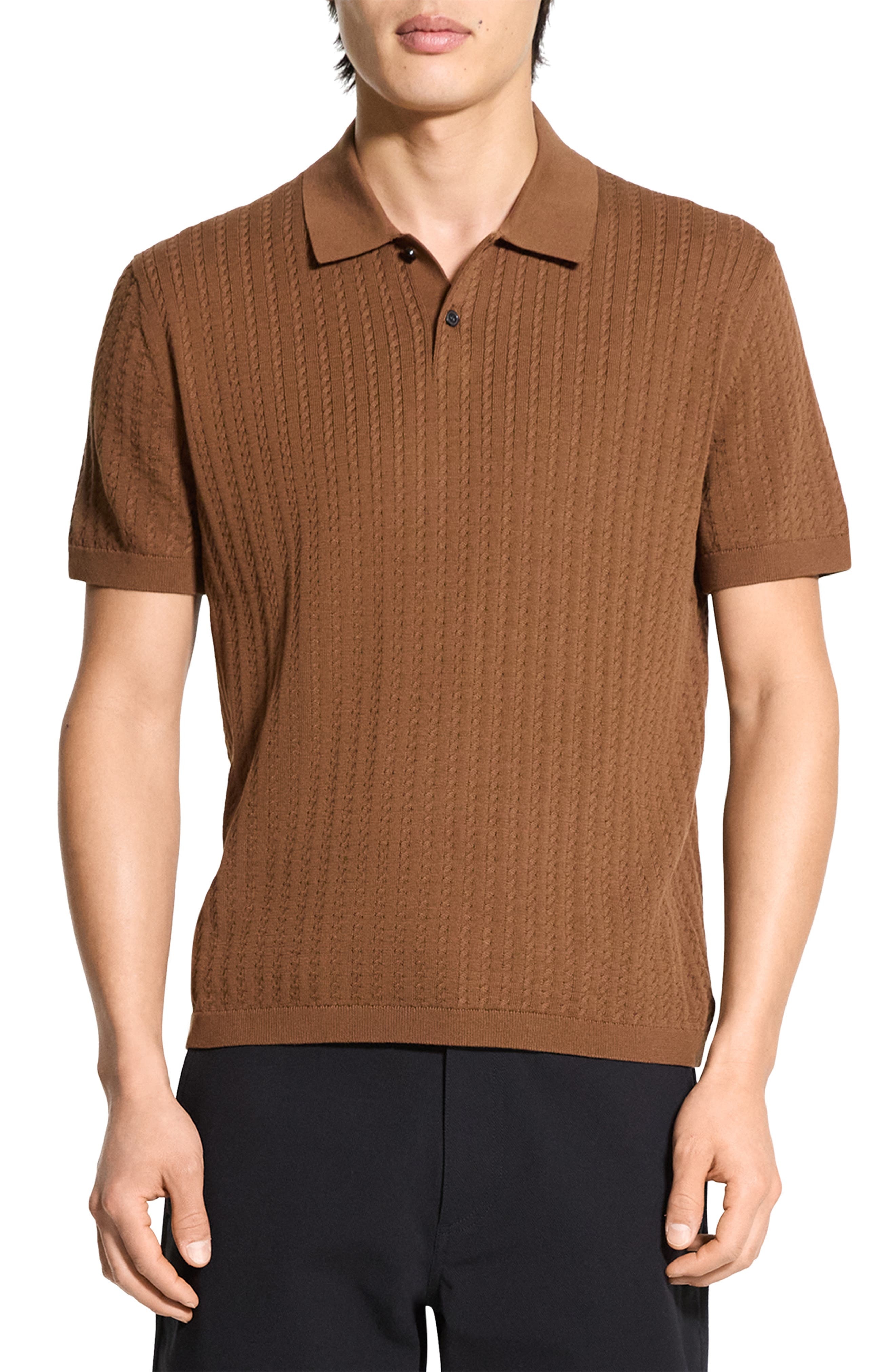 Theory Cable Short Sleeve Cotton Blend Polo Sweater in Deeptbcco at Nordstrom - 1