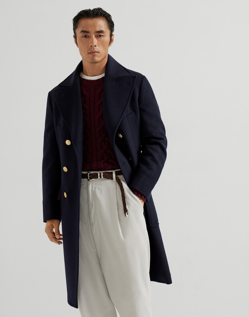 Wool double cloth one-and-a-half breasted coat with metal buttons 1