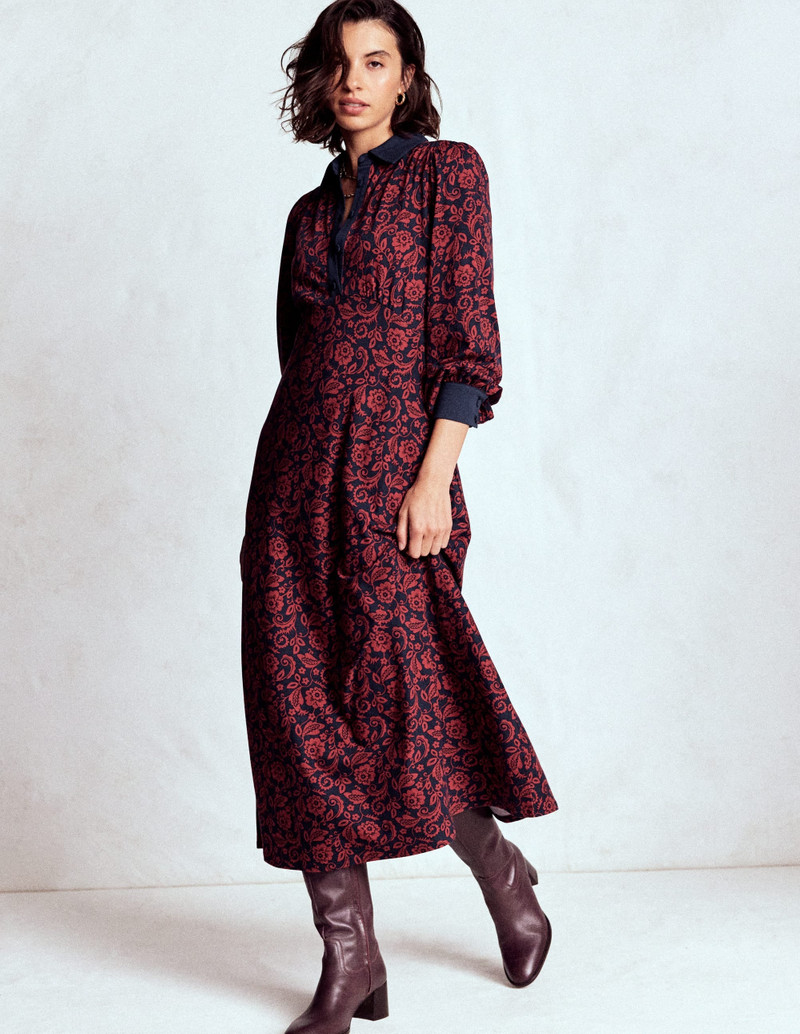 Empire Waistline Shirt Dress-Red, Ornate Flora 5