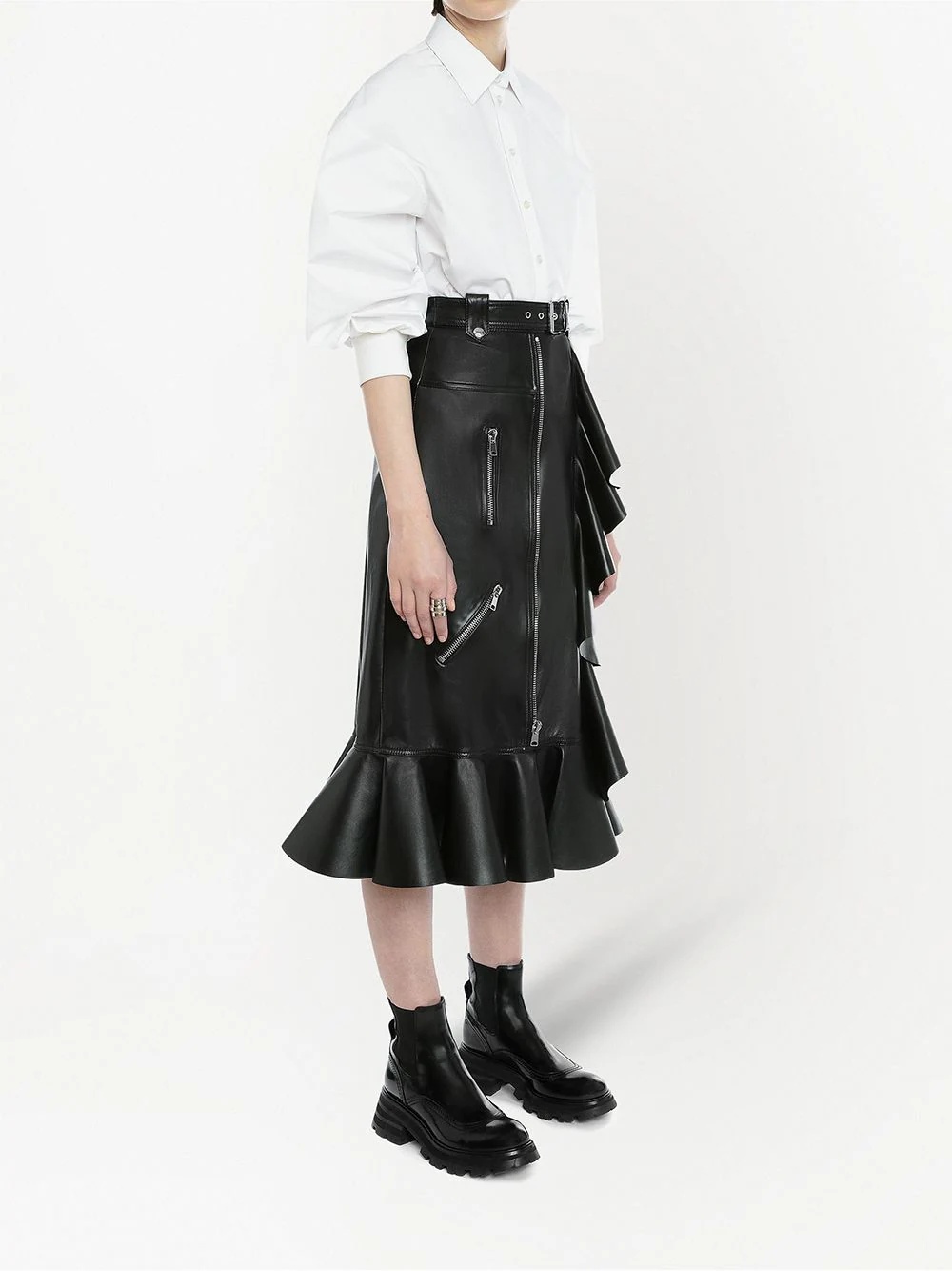 ruffle mid-length leather skirt - 4
