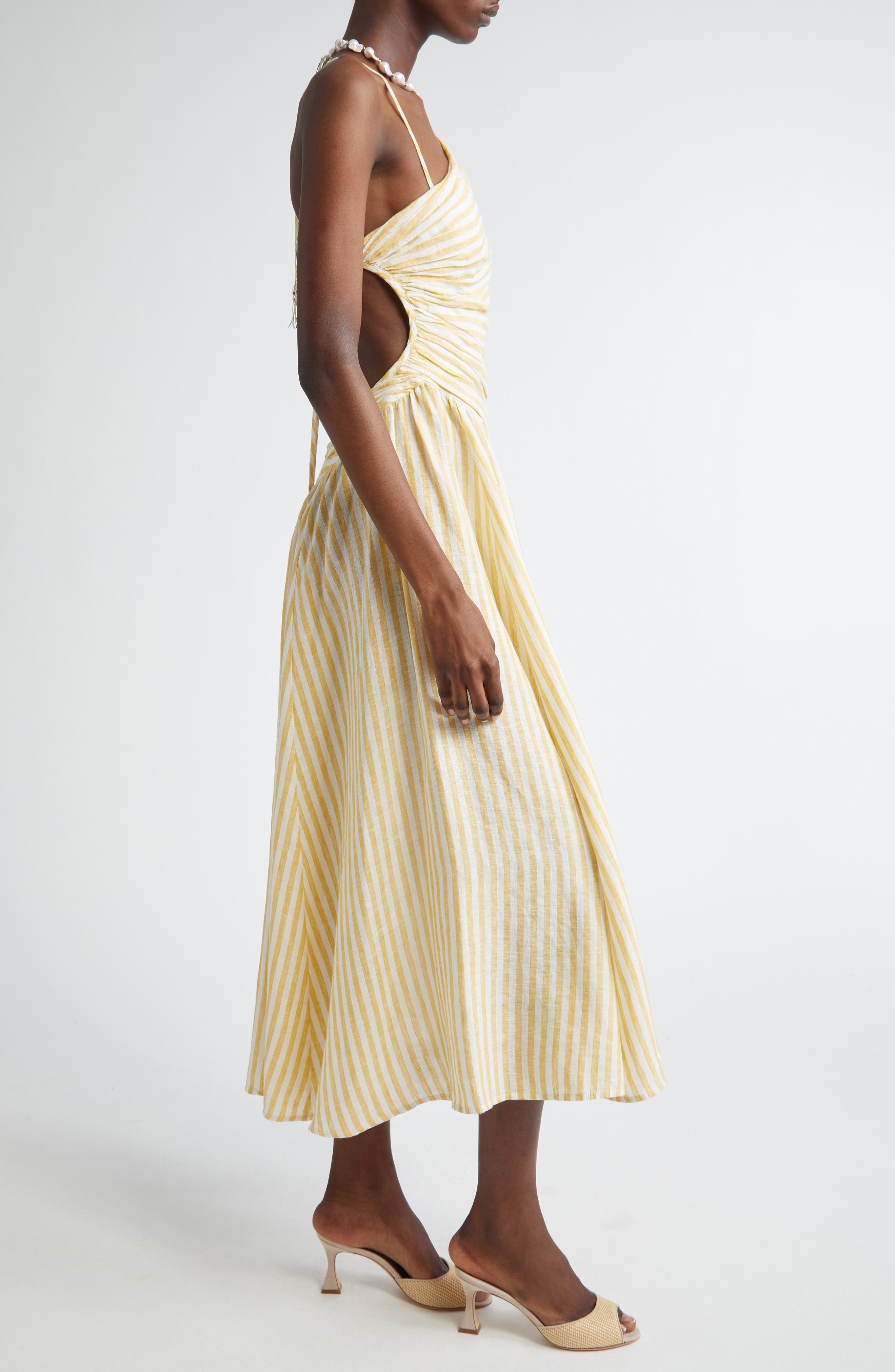 Zimmermann Cascadian Stripe Cutout Asymmetric Linen Dress in Yellow Stripe at Nordstrom - 3