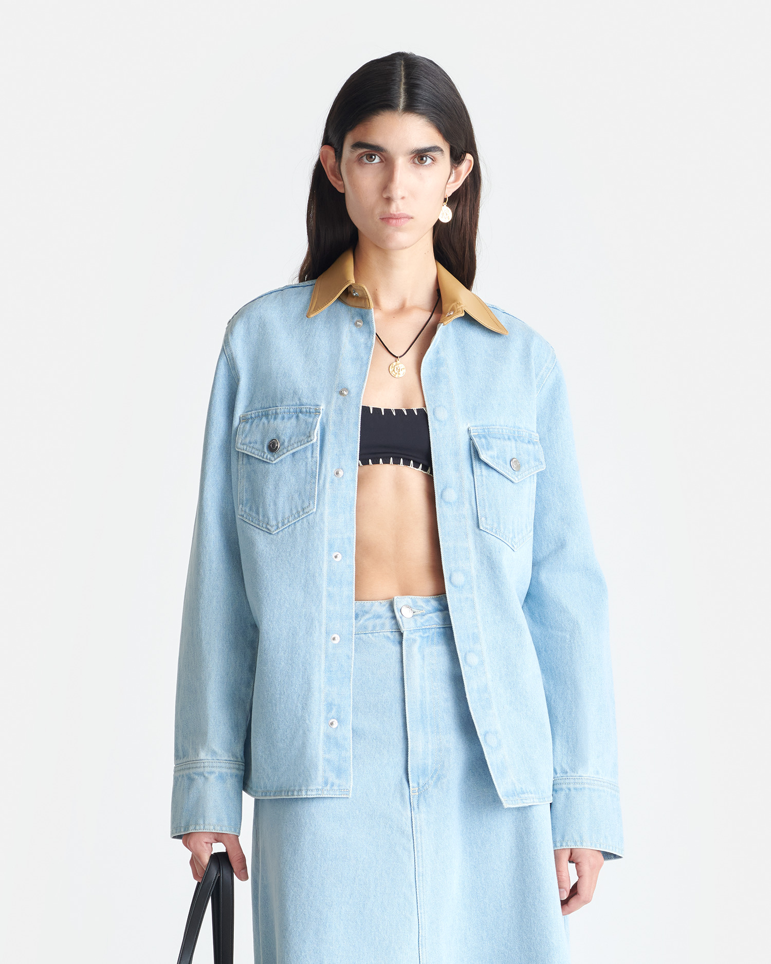 Leather-Trimmed Denim Shirt - 4