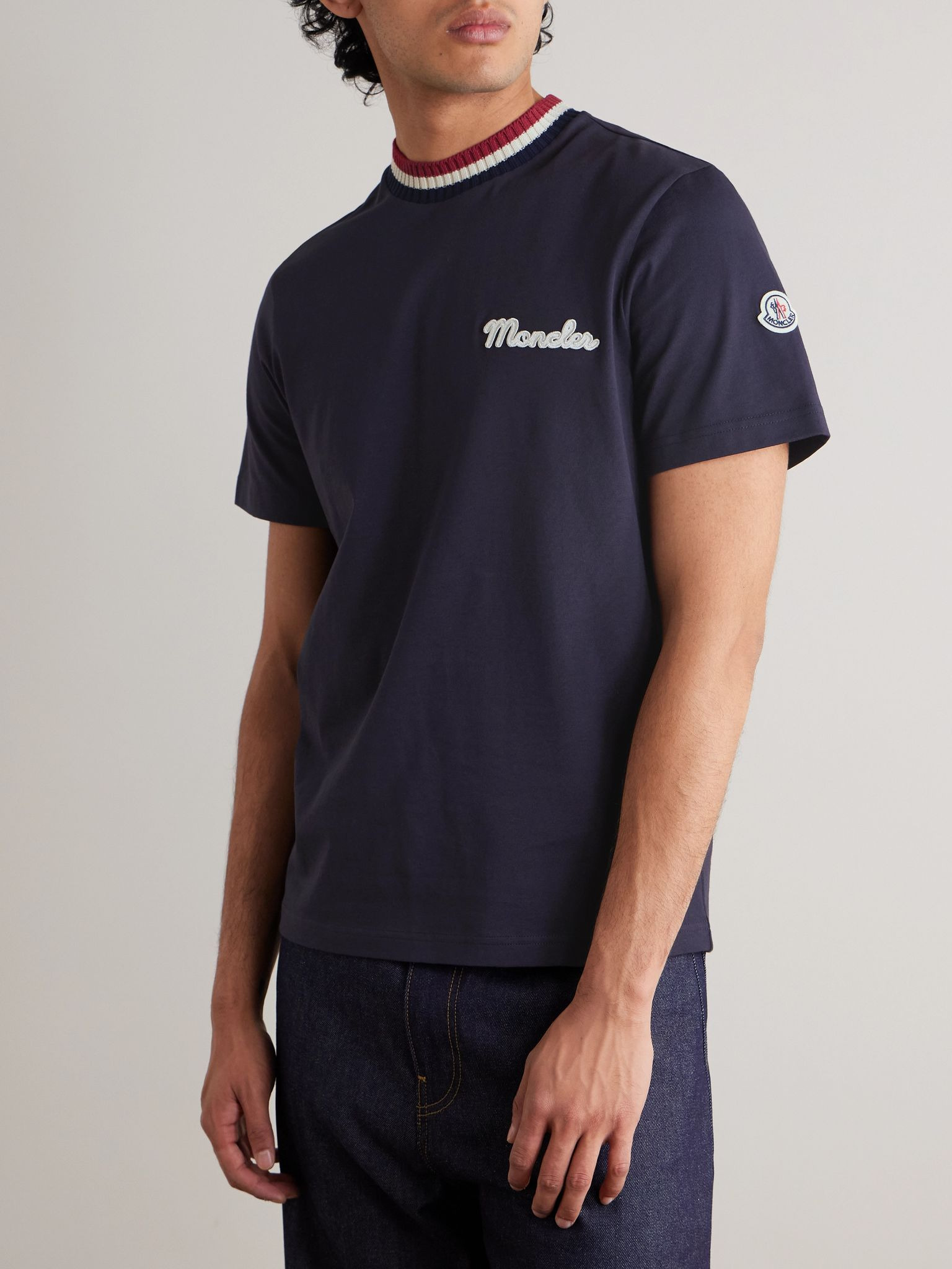 Striped Stretch-Knit Trimmed Logo-Appliquéd Cotton-Jersey T-Shirt Navy - 2