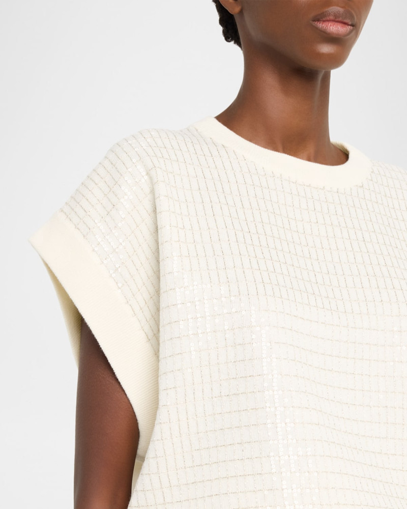 Windowpane Paillette Wool-Cashmere Short-Sleeve Sweater 5