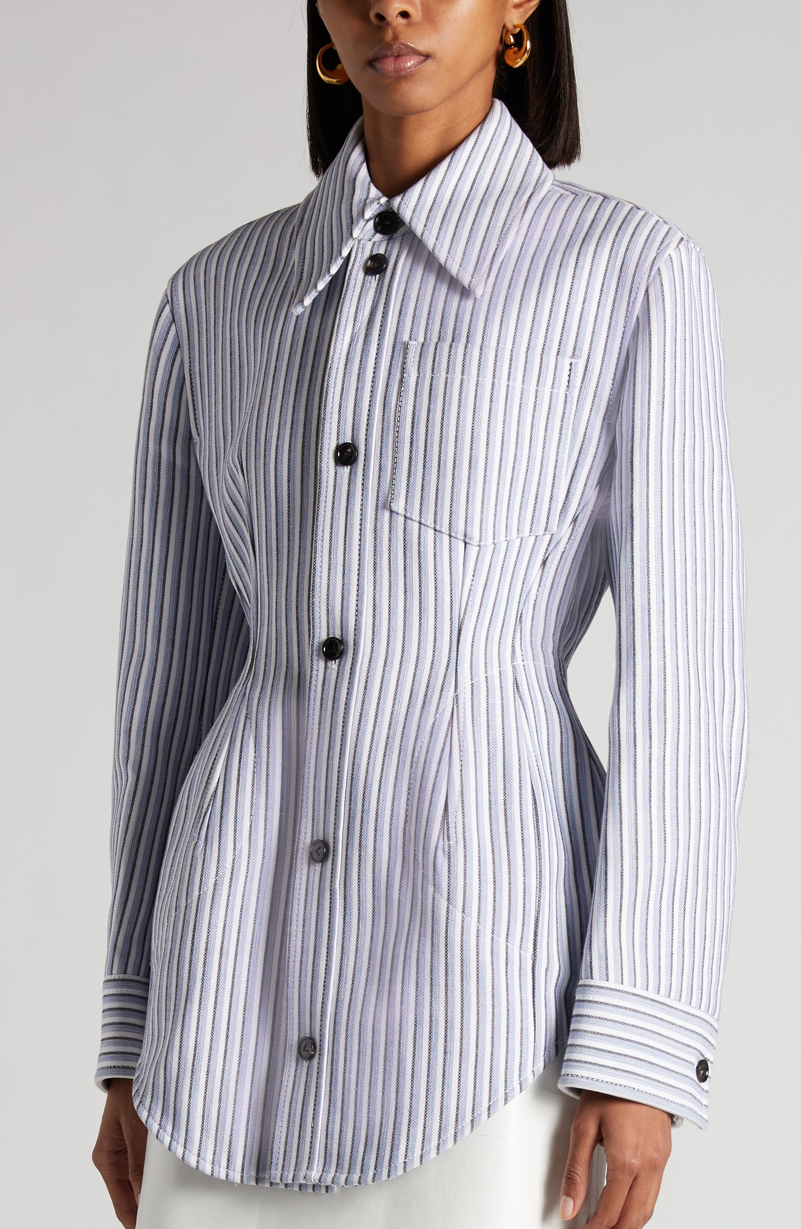 Bottega Veneta Stripe Cotton Blend Jacket in Chalk/Admiral/Navy at Nordstrom - 5