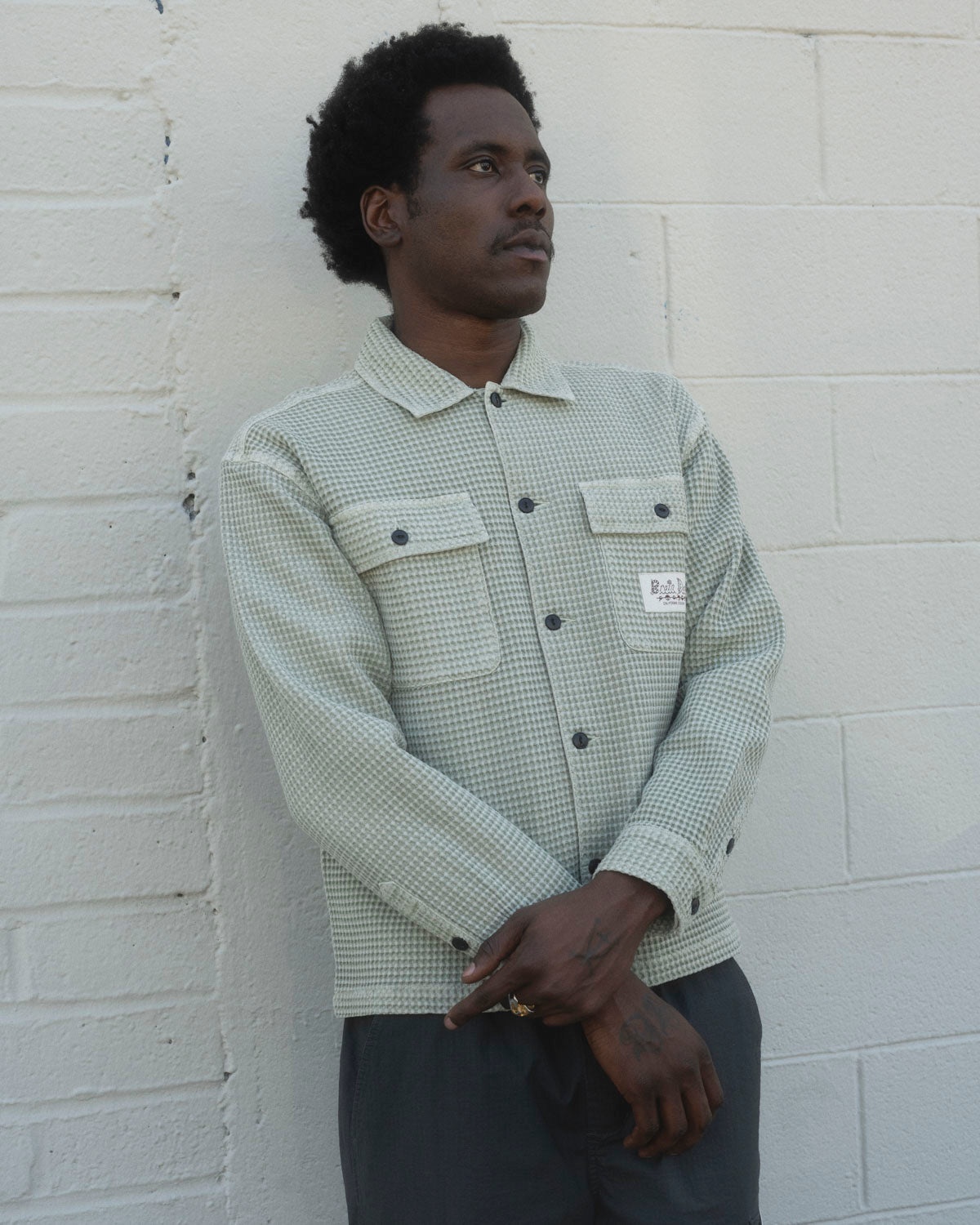 Waffle Button Front Shirt - Stone - 5
