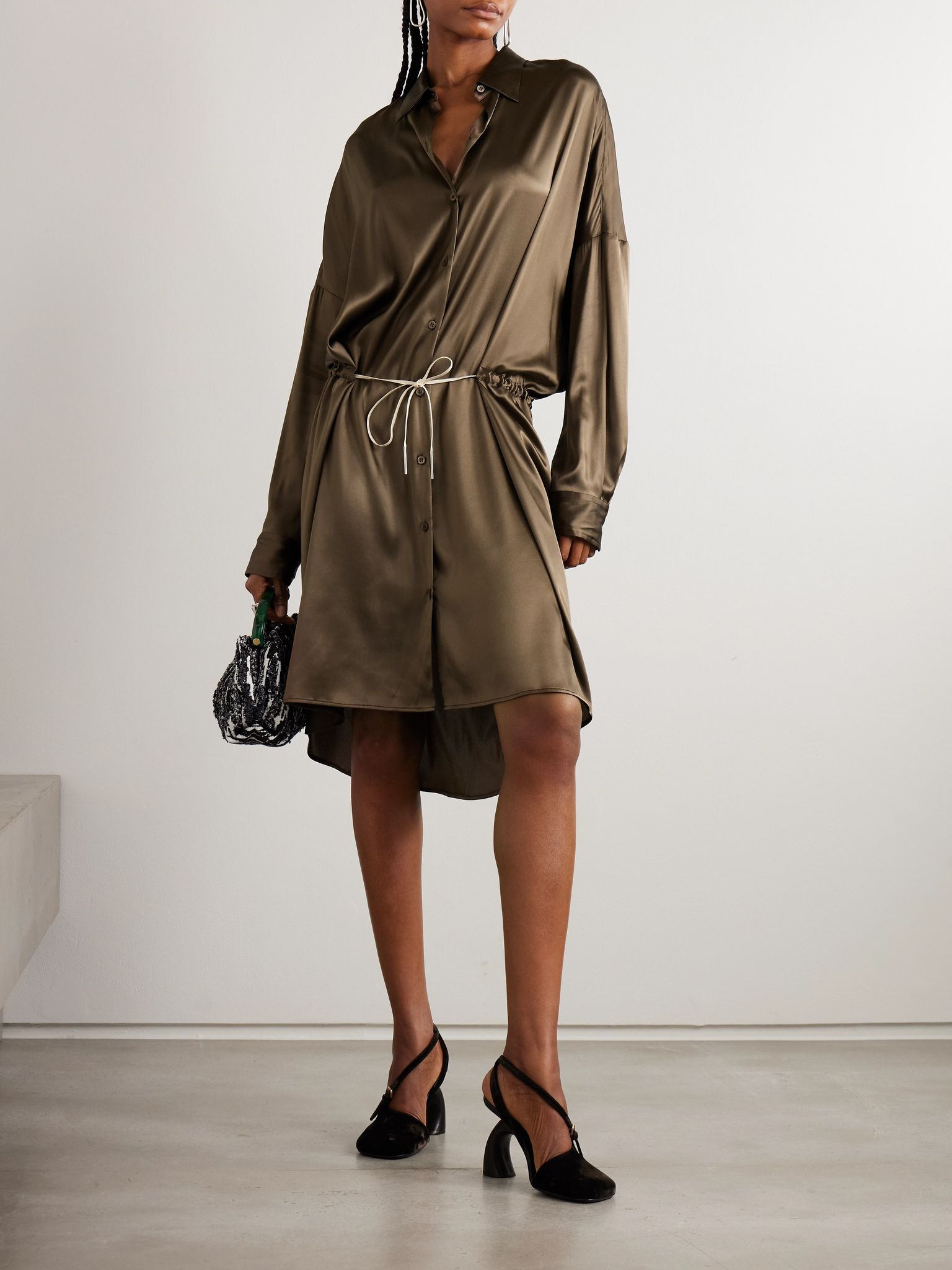 Silk-blend satin shirt dress Brown - 2