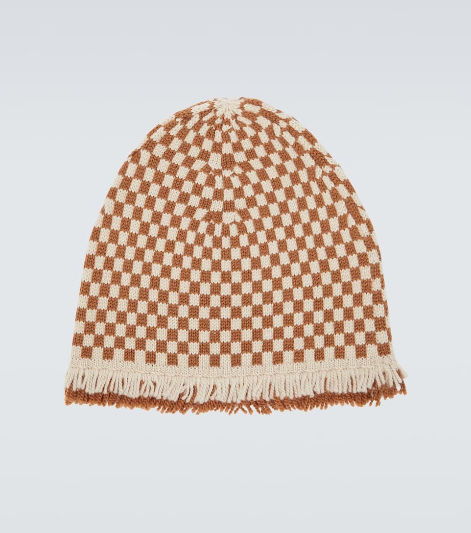 Fringe-trimmed checked wool beanie - 1