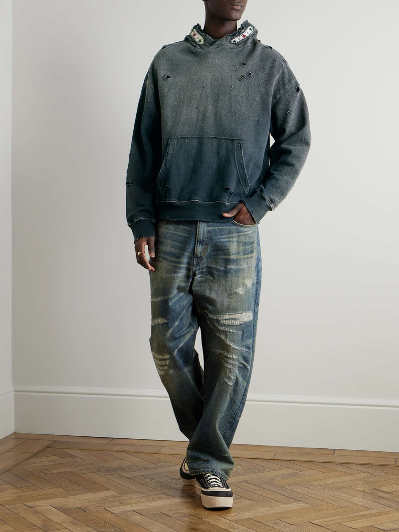 Kapital Embellished Suede-Trimmed Distressed Cotton-Jersey Hoodie outlook