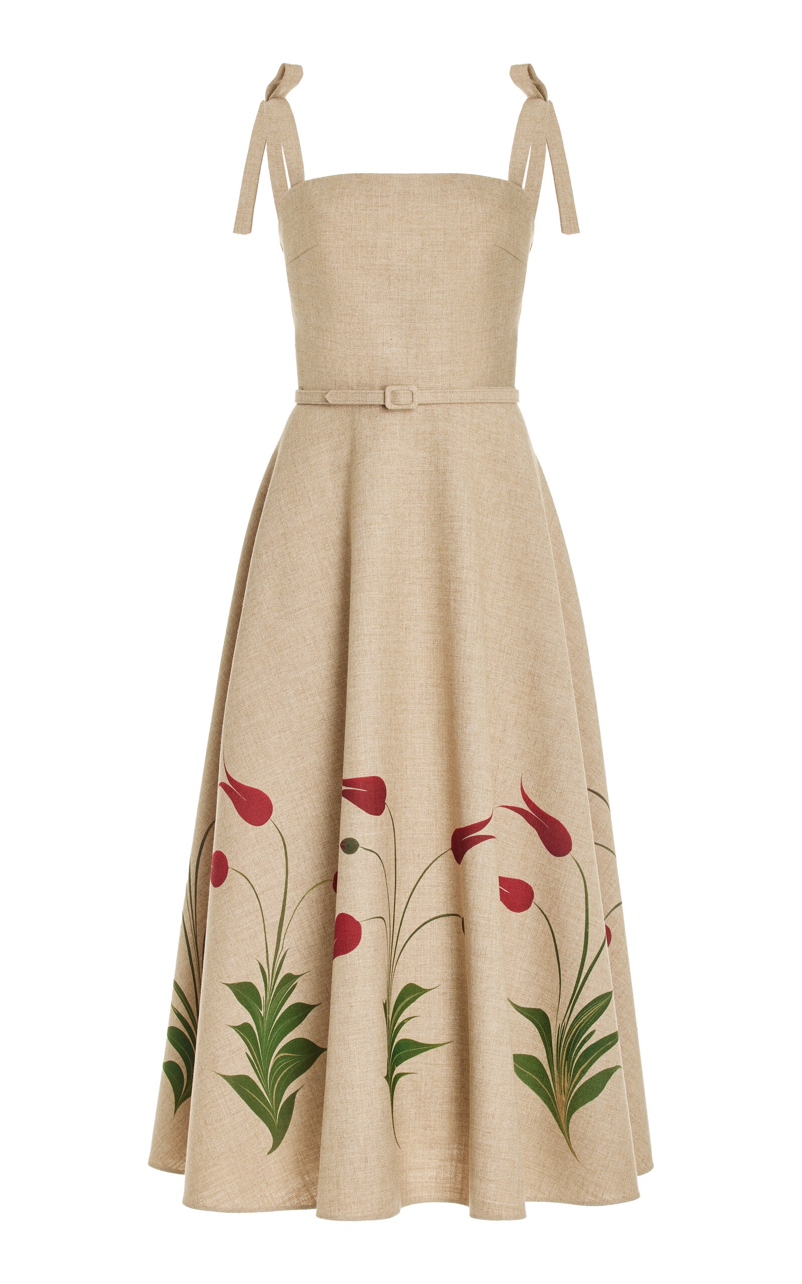 Oscar de la Renta Tulip-Printed Canvas Midi Dress tan