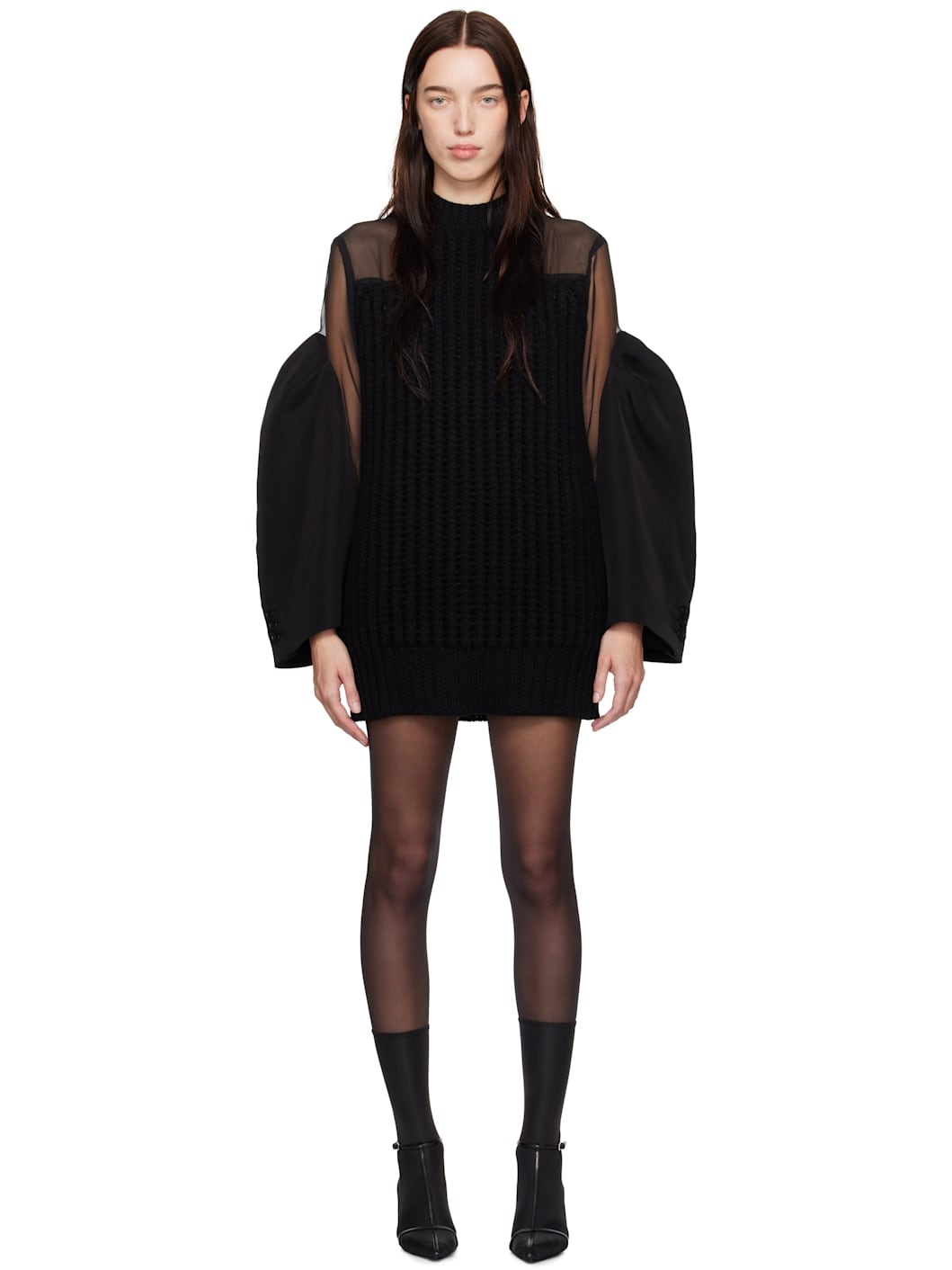 Black Silk Chiffon Mix Knit Minidress - 1