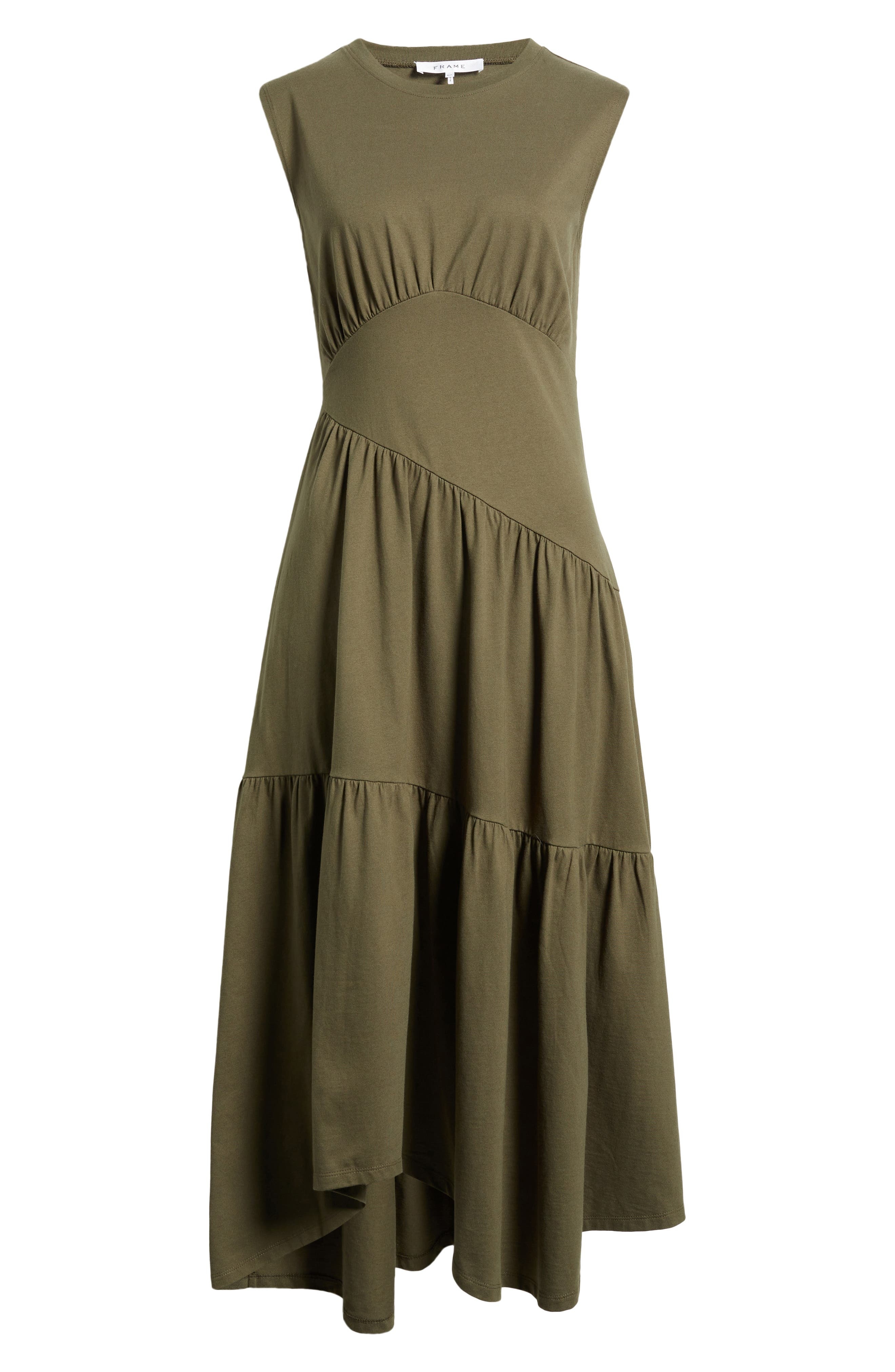 FRAME Gathered Seam Organic Cotton A-Line Midi Dress in Fatigue at Nordstrom - 5
