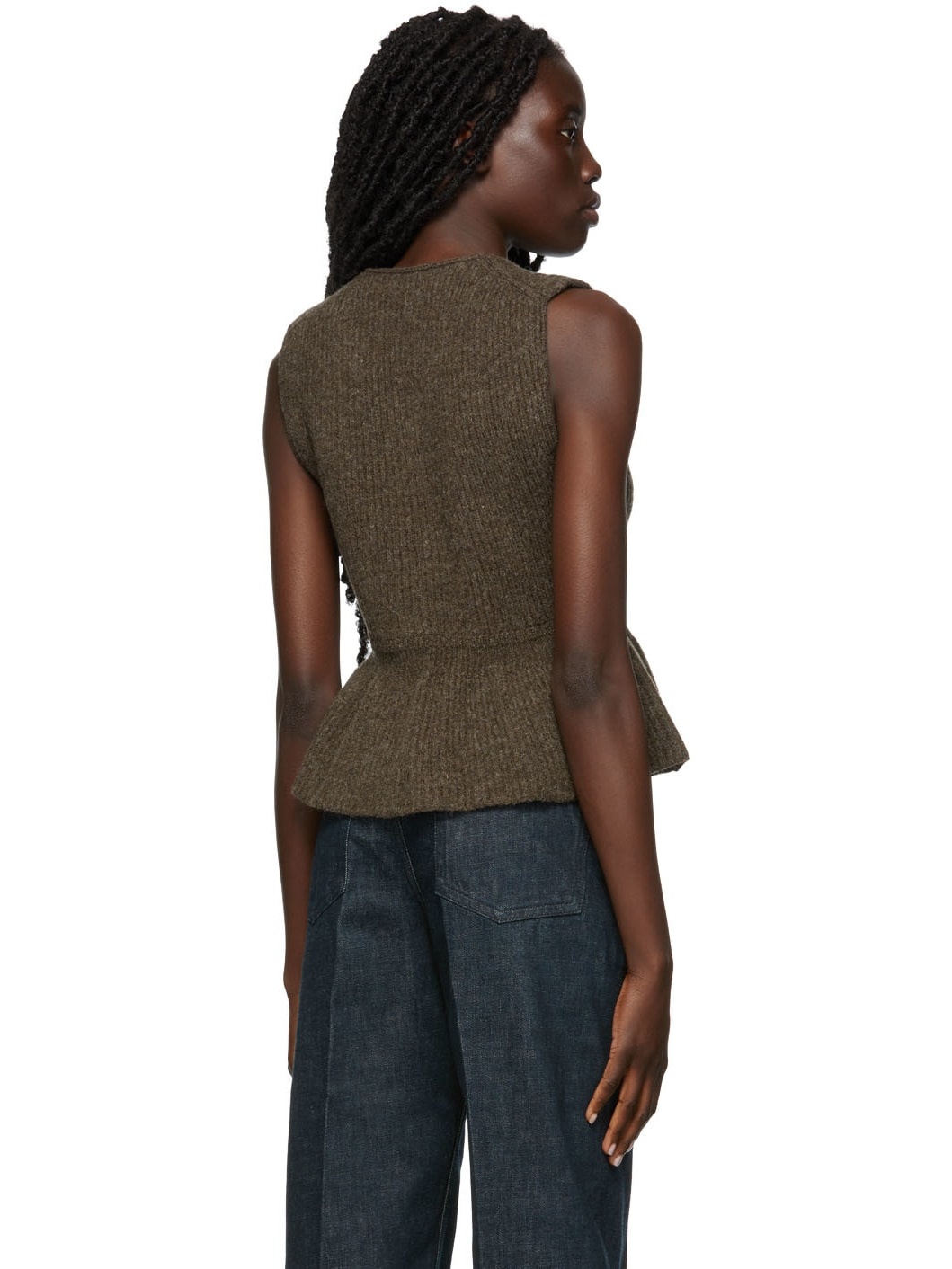 Brown Wool Peplum Sleeveless Cardigan - 3