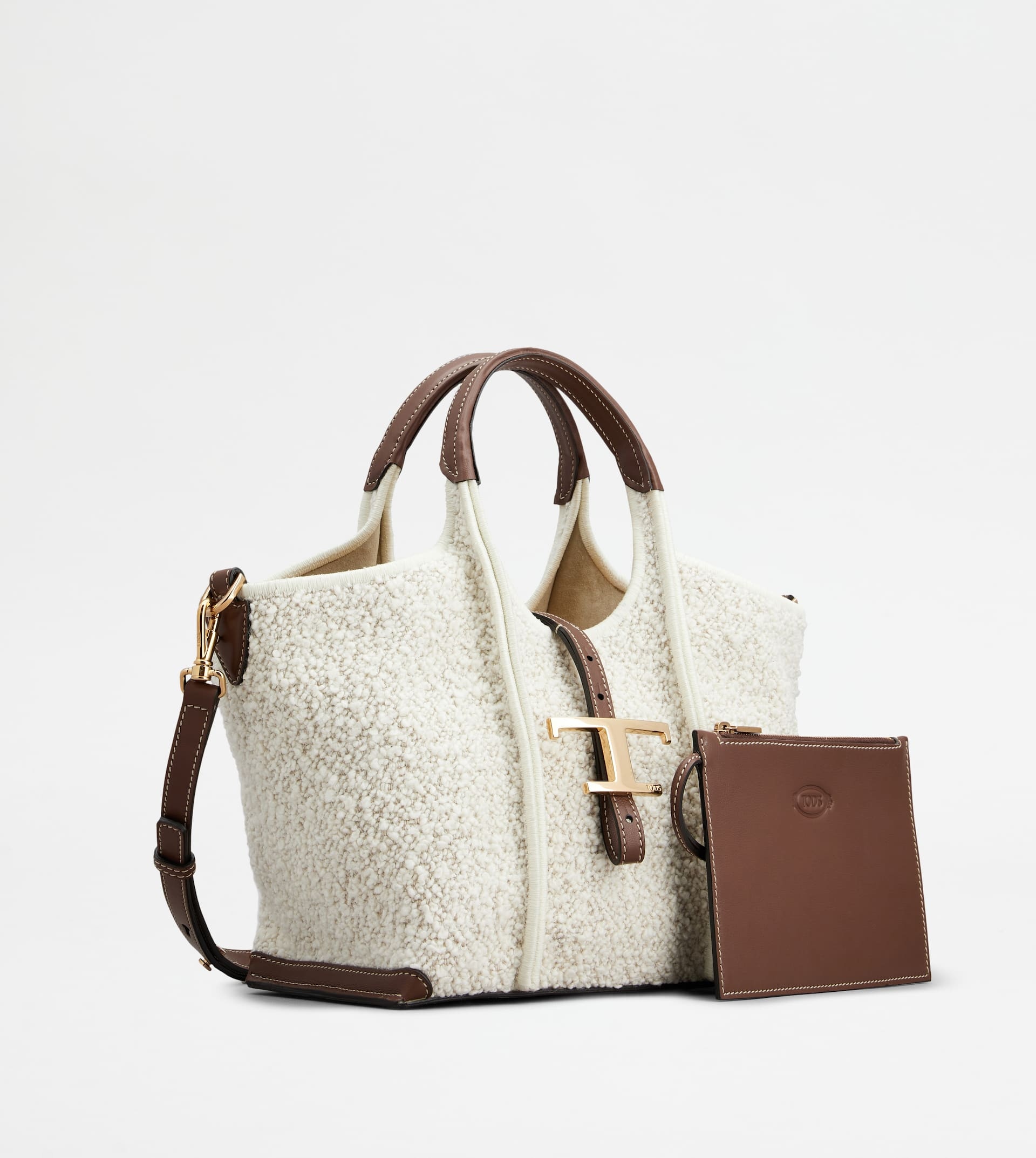 T TIMELESS SHOPPING BAG IN BOUCLÉ FABRIC AND LEATHER MINI - OFF WHITE, BROWN - 4
