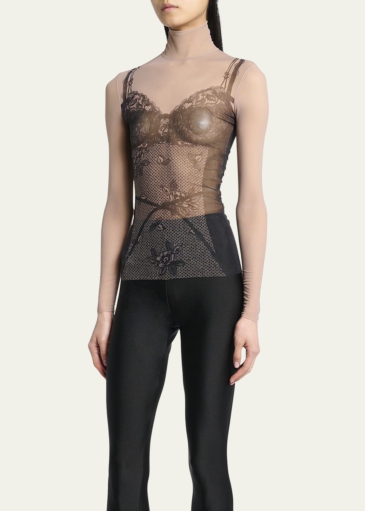 Lingerie Trompe L'oeil Mesh Turtleneck Top - 4