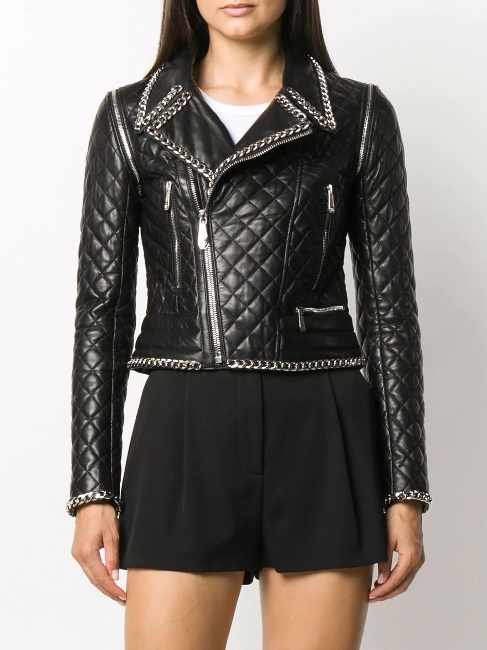 chain-embellished quilted moto jacket - 4